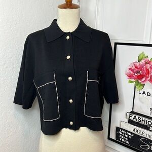 Vintage Inspired Blk Cropped Short Sleeve Sweater